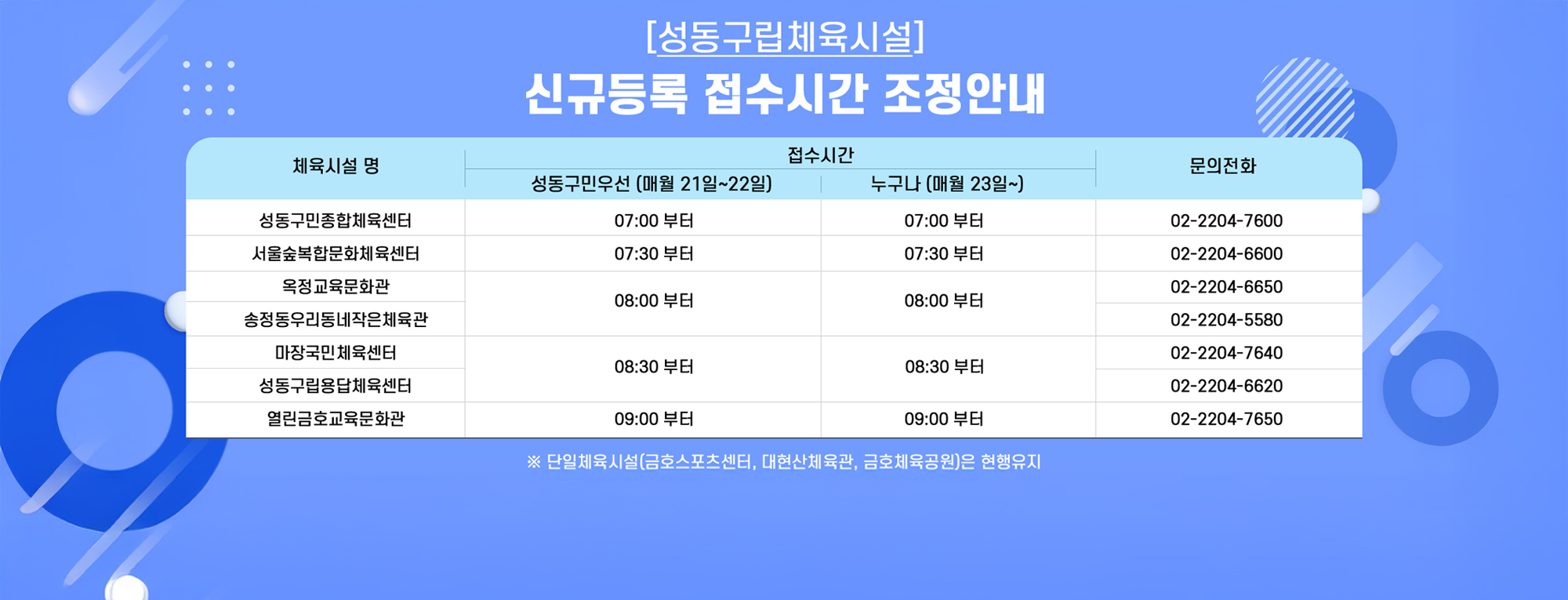 체육시설 신규등록 접수시간 조정 안내